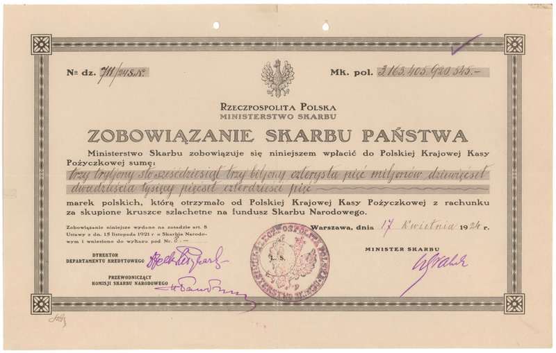 Zobowiązanie Skarbu Państwa 1924
 Bardzo rzadki papier wartościowy pochodzący z...