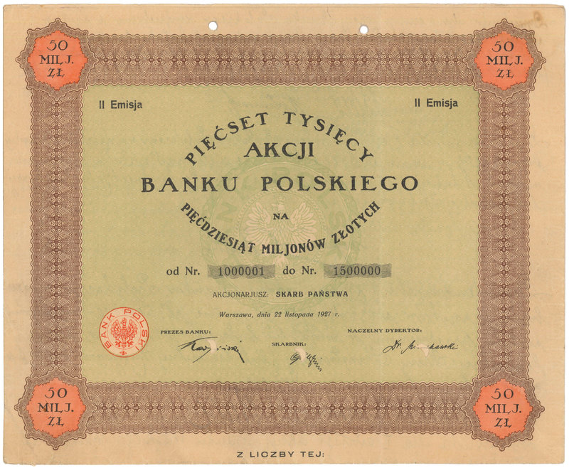 Bank Polski, 50 milionów złotych 1927 emisja II - UNIKAT wydany w 1 egzemplarzu...