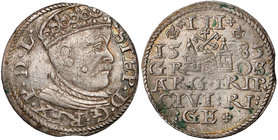 Stefan Batory, Trojak Ryga 1585 - duża głowa - lilijki