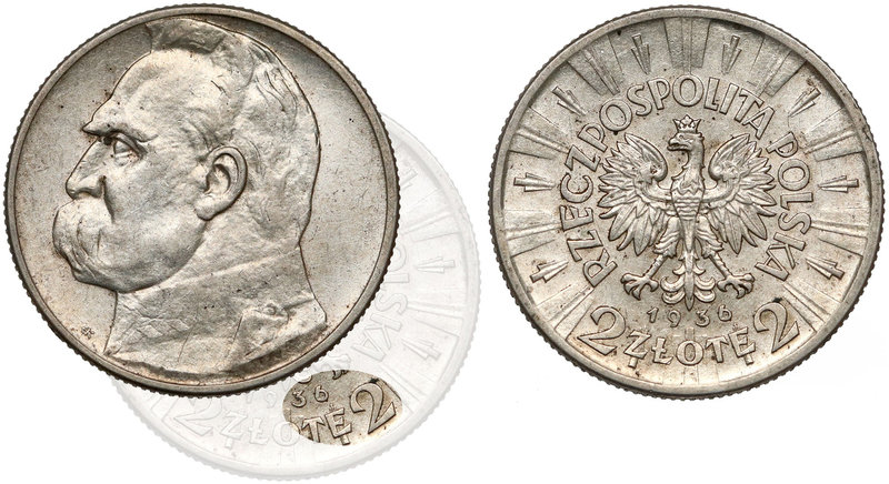 Piłsudski 2 złote 1936 - rzadki rocznik
 Miejscami powierzchnia lekko ruszona o...