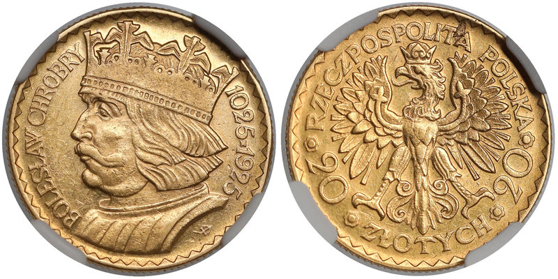 20 złotych 1925 Chrobry
 

Grade: NGC MS62 
Reference: Parchimowicz 126