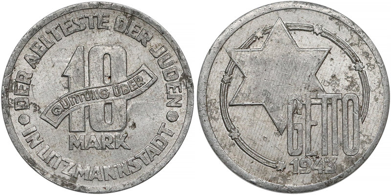 Getto Łódź, 10 marek 1943 Al - odm.3/2 
 Odmiana z rewersem z połączonymi kropk...