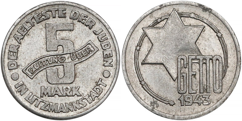 Getto Łódź, 5 marek 1943 Al
 Ładna, menniczej świeżości.
 Aluminium, średnica ...