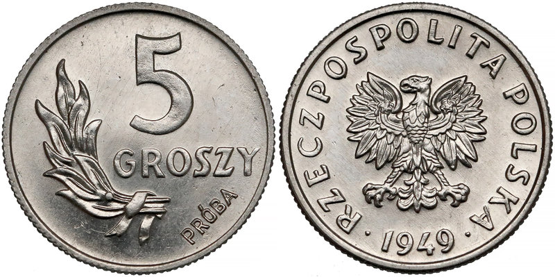 Próba NIKIEL 5 groszy 1949
 Nakład 500 sztuk (NBP), 729 sztuk (MW). Moneta wybi...
