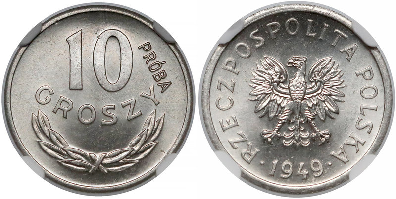 Próba NIKIEL 10 groszy 1949
 Nakład 500 sztuk (NBP), 540 sztuk (MW).


Grade...