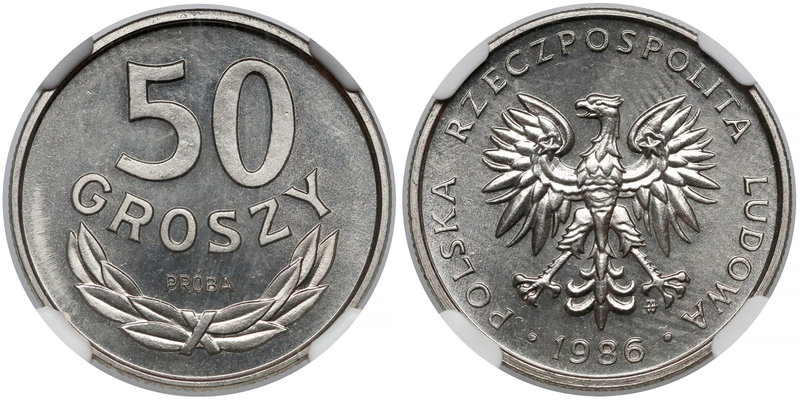 Próba NIKIEL 50 groszy 1986
 Nakład 500 sztuk (NBP, MW). 

Grade: NGC MS67 
...