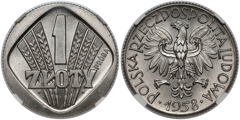 Próba NIKIEL 1 złoty 1958 Kłosy
 Odmiana z rewersem z kłosami we wklęsłym kwadr...