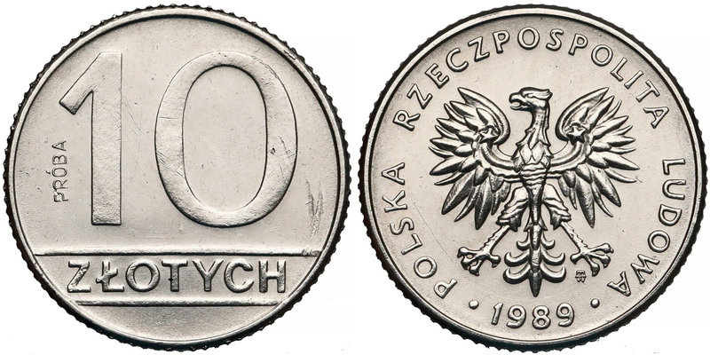 Próba NIKIEL 10 złotych 1989 - stempel zwykły
 Moneta wyczyszczona.
 Nakład 50...