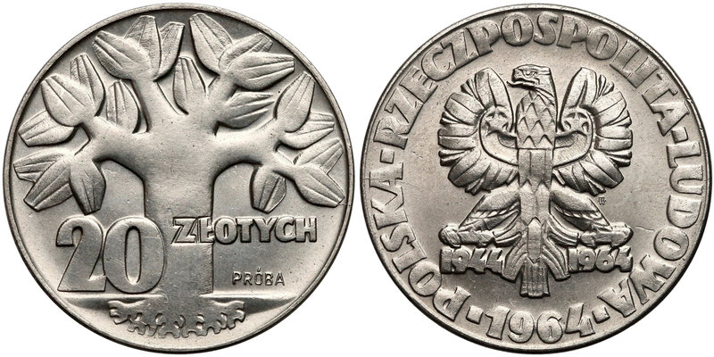 Próba NIKIEL 20 złotych 1964 Drzewo
 Nakład 500 sztuk (NBP), 540 sztuk (MW). 
...
