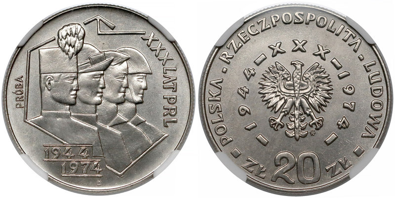 Próba NIKIEL 20 złotych 1974 Górnik, Hutnik...
 Nakład 500 sztuk (NBP), 540 szt...