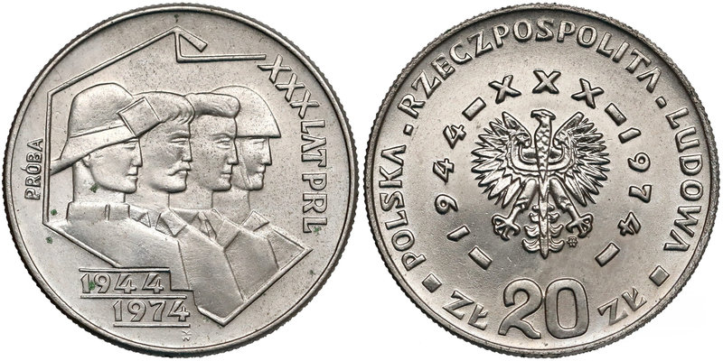 Próba NIKIEL 20 złotych 1974 Hutnik, Rolnik...
 Wyraźny nalot na rewersie.
 Na...