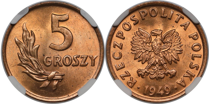5 groszy 1949 B
 

Grade: NGC MS64 RD 
Reference: Parchimowicz 203.a