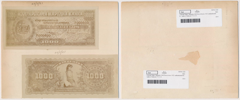 Bulgaria, PHOTOGRAPHIC PROOF of UNISSUED 1.000 Leva 1921 (face & back) 
Bułgari...
