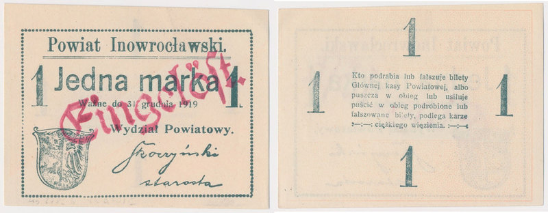 Inowrocław, 1 marka 1919 - EINGELÖST na awersie
 

Grade: UNC/AU 
Reference:...