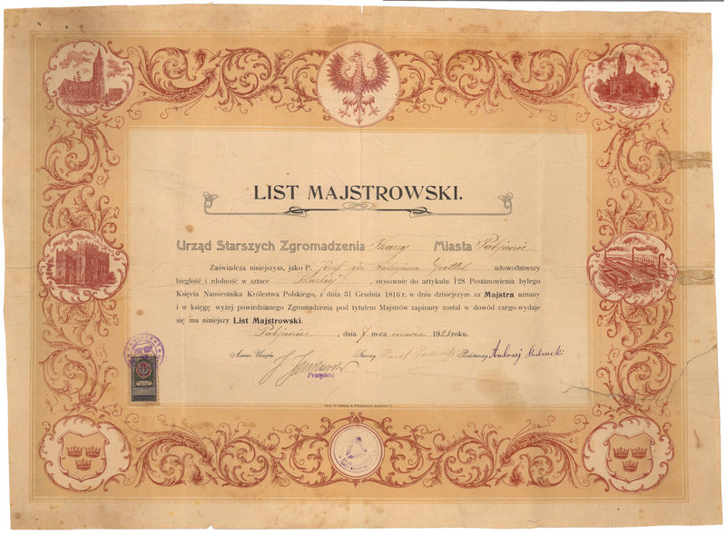 List Majstrowski, Pabianice 1923 r.
 Duży, bardzo efektowny dokument.&nbsp;