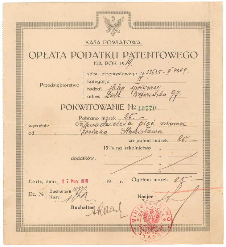 Pokwitowanie opłaty podatku patentowego 1919 r.
 Wymiary: 20 x 22 cm.