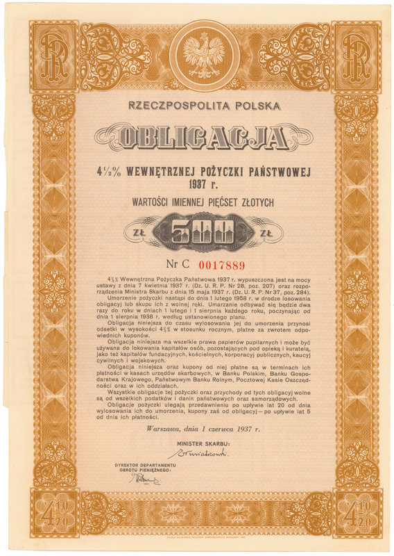 4.5% Pożyczka Wewnętrzna 1937, Obligacja na 500 zł
 
Reference: Bykowski 37.4,...