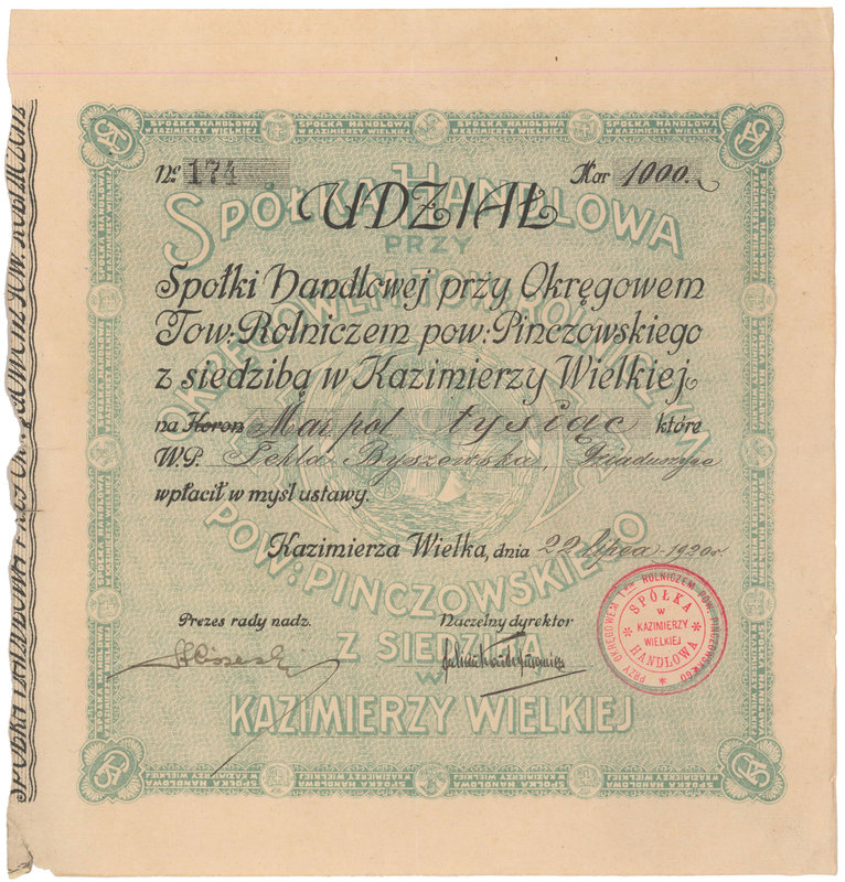 Sp. Handlowa w Kazimierzy Wielkiej, Udział na 15.000 marek 1920
 Ładny graficzn...