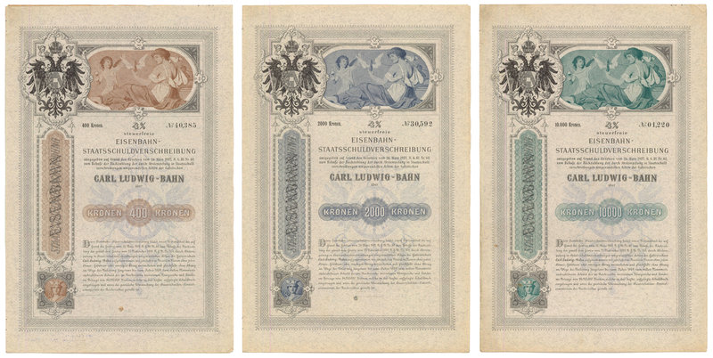 Kolej Karola Ludwika, 400, 2.000 i 10.000 koron 1902 (3szt)
 Papiery w ładnej s...