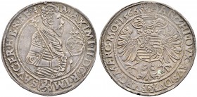 KAISER MAXIMILIAN II. 1564-1576 
 Münzstätte Joachimsthal 
 Guldentaler zu 60 Kreuzer 1566, Joachimsthal. Wardein Jörg Geitzköfler. 24.51 g. Dietike...