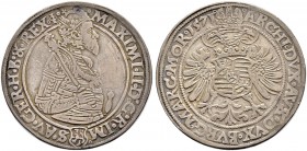 KAISER MAXIMILIAN II. 1564-1576 
 Münzstätte Joachimsthal 
 Guldentaler zu 60 Kreuzer 1571, Joachimsthal. Wardein Jörg Geitzköfler. 24.28 g. Dietike...