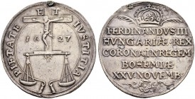 KAISER FERDINAND III. 1637-1657 
 Medaillen Kaiser Ferdinands III. 
 Silbermedaille 1627. Auf seine Krönung zum König von Böhmen. Krone und Zweige ü...