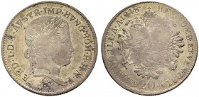 KAISER FERDINAND I. 1835-1848 
 Münzstätte Mantua 
 20 Kreuzer 1848, Mantua. 6.60 g. Herinek 288. Pagani 261. Selten / Rare. Justiert. Sehr schön / ...