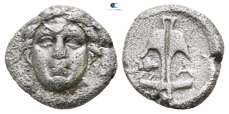 Thrace. Apollonia Pontica 450-350 BC. 
Diobol AR

11 mm., 1.32 g.



near...