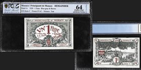 Monaco
Albert Ier 1889-1922
Billet de 1 Franc Blue, 1920
Ref : G. MCc, Pick 5r
Série C
Conservation : PCGS Choice UNC64 Details