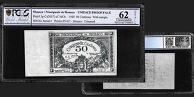 Monaco
Albert Ier 1889-1922
Billet Uniface de 50 centimes, sans numéro et sans série, 1920
Ref : G.MCb, Pick 3p
Conservation : PCGS UNC62 Details...
