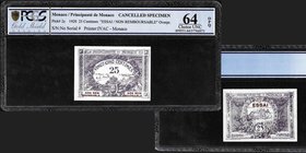 Monaco
Albert Ier 1889-1922
Billet de 25 centimes, sans numéro et sans série, 1920, ESSAI NON REMBOURSABLE
Ref : G.MCa, Pick 2s
Conservation : PCG...