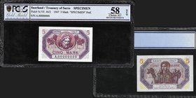 Allemagne
Sarre Etat Indépendant et Souverain sous protectorat Français (1947-1956)
Billet de 5 mark, Spécimen sur billet coursable annulé par perfo...