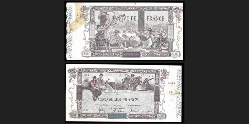 France
5000 Francs, Flameng, type 1918 , 19.01.1918
Ref : F 43.1
Serial Numbe...