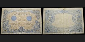 France
20 francs type 1905, 25.01.1906
Ref : F10.1
Conservation : VF 
Plusieurs coupures avec de nombreux plis et salissures.