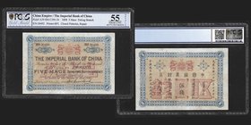 The Imperial Bank of China
5 Mace, Peking Branch, 1898
Ref : Pick A39, SM-C293-1b
Serial number : 30492
Conservation : PCGS AU55 Details