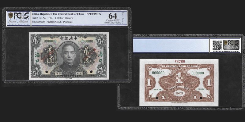 Central Bank of China
1 Dollar, Haikow, 1923, Specimen 
Ref : Pick 171Aa
Seri...