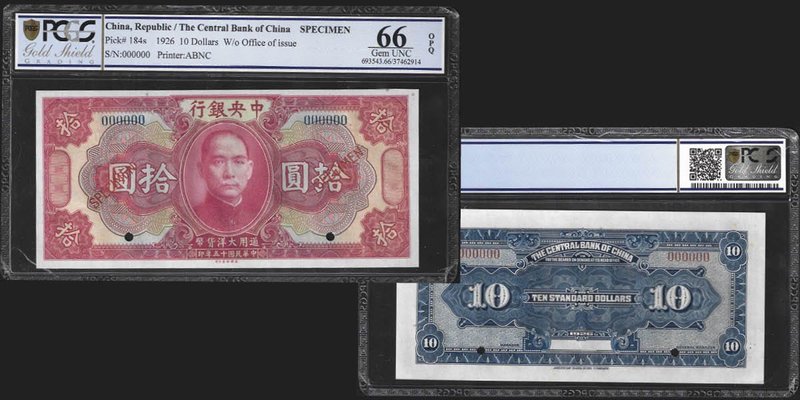 Central Bank of China
10 Dollars, 1926, Specimen 
Ref : Pick 184s
Serial Numb...