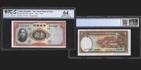 Central Bank of China
1 Yuan, 1936, Waterlow & Sons Limited 
Ref : Pick 216
Serial Number : L/J575154
Conservation : PCGS Choice UNC64