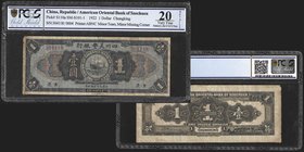 American Oriental Bank of Szechuen
1 Dollar, Chungking, 1922
Ref : Pick S110a, SM-S101-1
Serial Number : 304118/0004
Conservation : PCGS VF20 Deta...