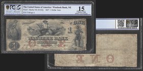USA
Waubeek Bank, Nebraska
1 Dollar Soto, 1857
Ref : Pick #-, Haxby NE-30-G2a
Serial Number : 7168 ppA
Conservation : PCGS Choice Fine 15