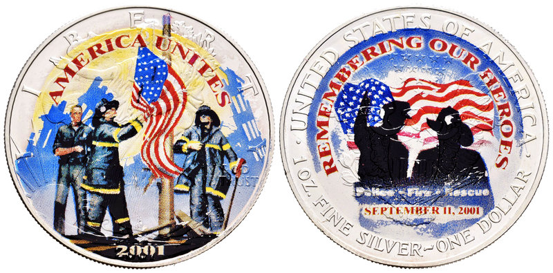 United States. 1 dollar. 2001. Ag. 31,11 g. Coloured Edition. Homenaje a los hér...