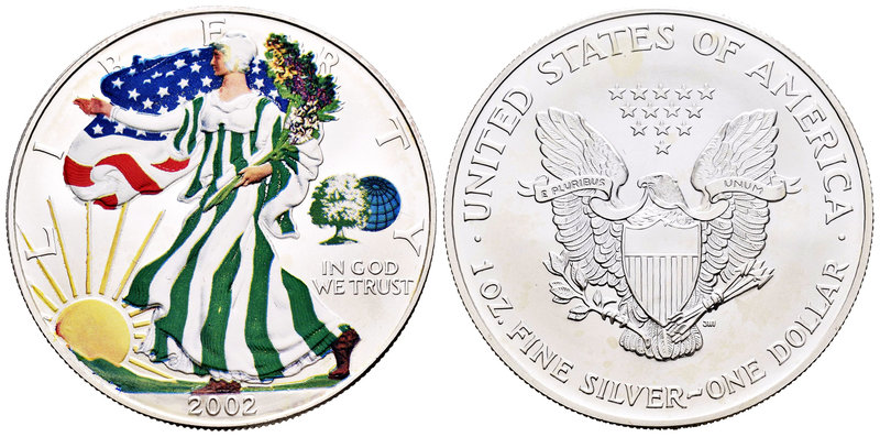 United States. 1 dollar. 2002. Ag. 31,11 g. Coloured Edition. Marca: mundo verde...
