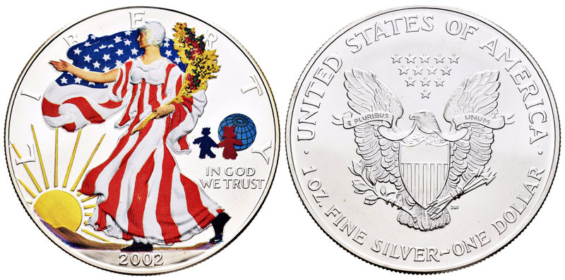 United States. 1 dollar. 2002. Ag. 31,11 g. Coloured Edition. Marca: Niños y mun...