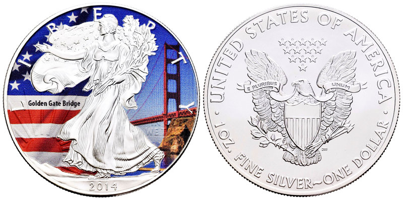 United States. 1 dollar. 2014. Ag. 31,11 g. Coloured Edition. Golden Gate Bridge...