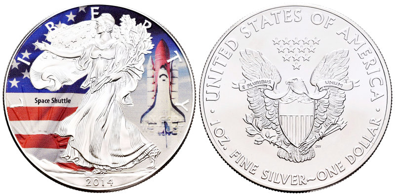 United States. 1 dollar. 2014. Ag. 31,11 g. Coloured Edition. Space Shuttle. UNC...