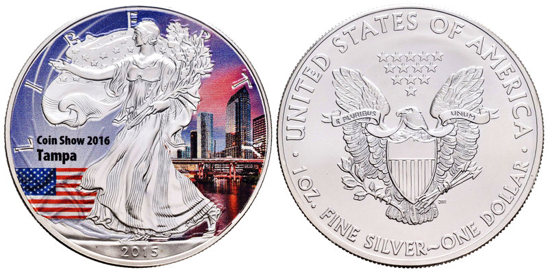 United States. 1 dollar. 2015. Ag. 31,11 g. Coloured Edition. Tampa Skyline. Coi...