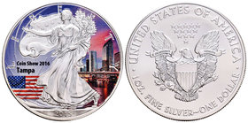United States. 1 dollar. 2015. Ag. 31,11 g. Coloured Edition. Tampa Skyline. Coin Show 2016. Tirada de 75 piezas. Con certificado. PR. Est...50,00.