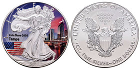 United States. 1 dollar. 2016. Ag. 31,11 g. Coloured Edition. Tampa Skyline. Coin Show 2016. Tirada de 75 piezas. Con certificado. PR. Est...50,00.