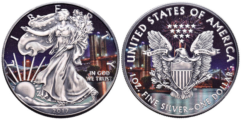 United States. 1 dollar. 2017. Ag. 31,11 g. Coloured Edition. Brooklyn Bridge. C...