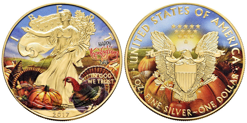 United States. 1 dollar. 2017. Ag. 31,10 g. Coloured Edition and gold plated. Th...